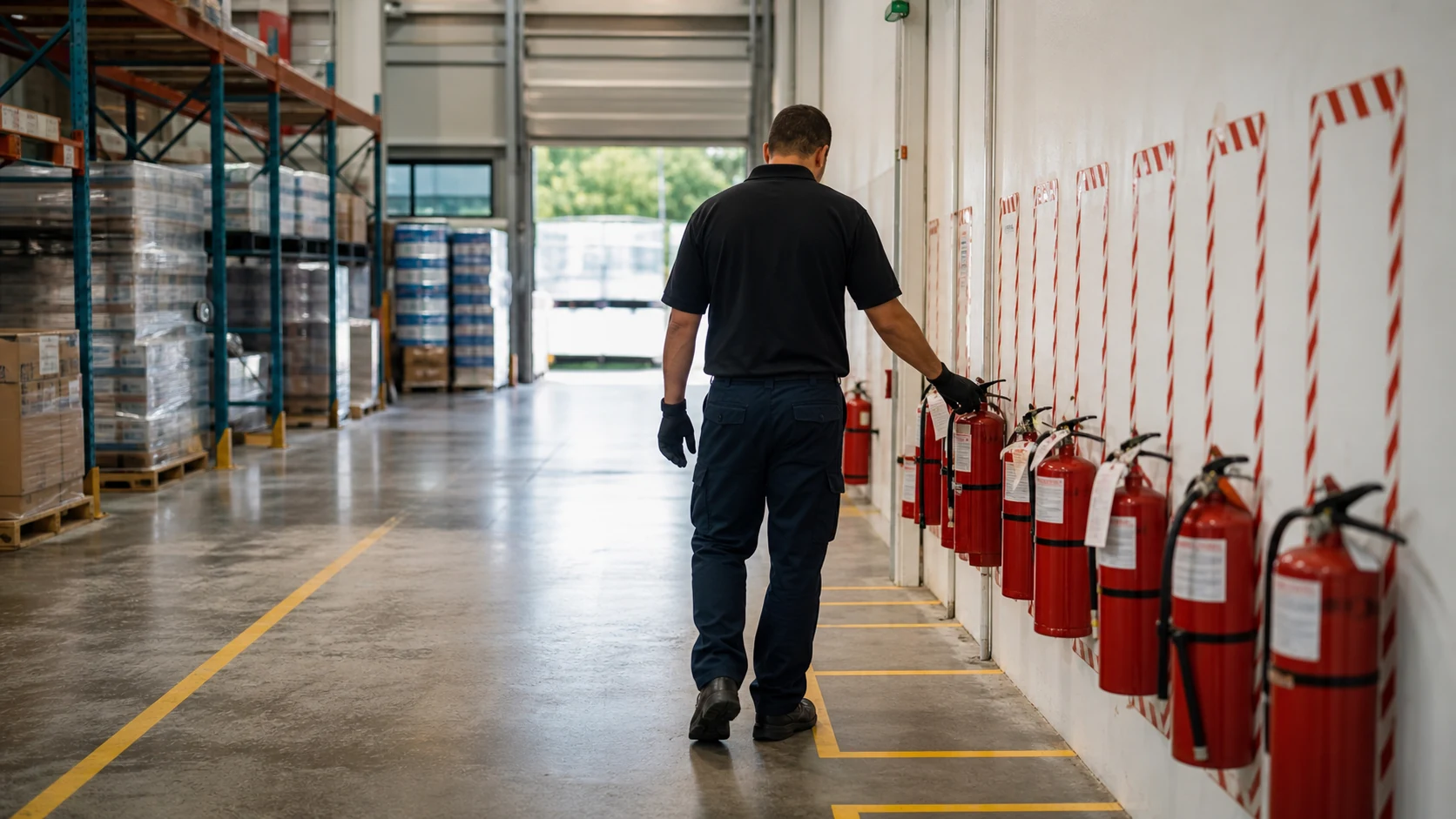 Commercial fire extinguisher inspection in a Broward County warehouse