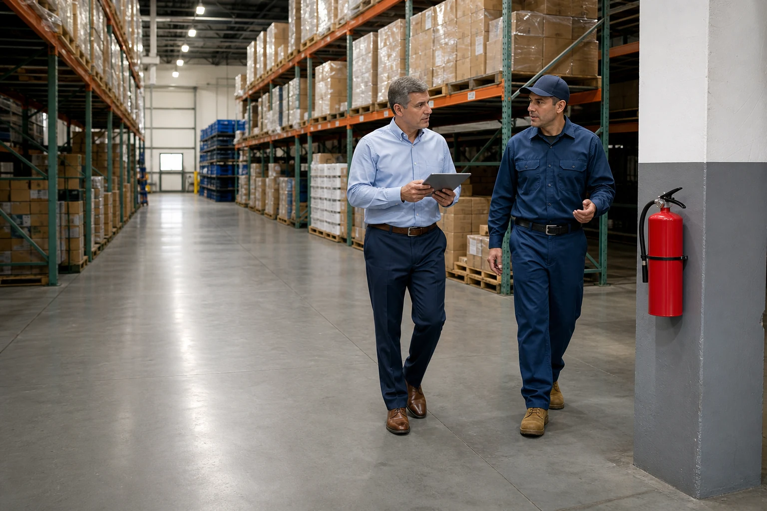Warehouse facility manager reviewing accessible portable fire extinguisher locations