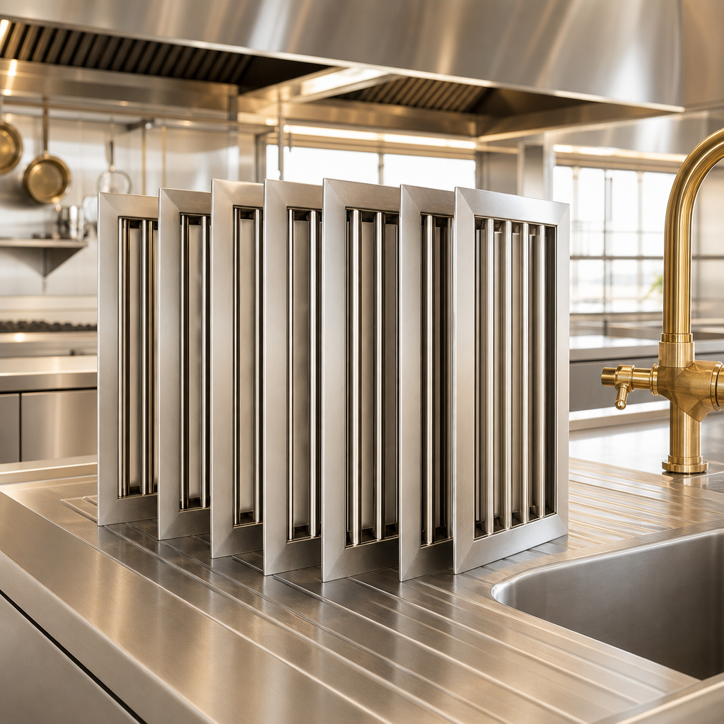 Stainless steel baffle filters lifted out and standing on edge in a row along a drainboard beside a sink.