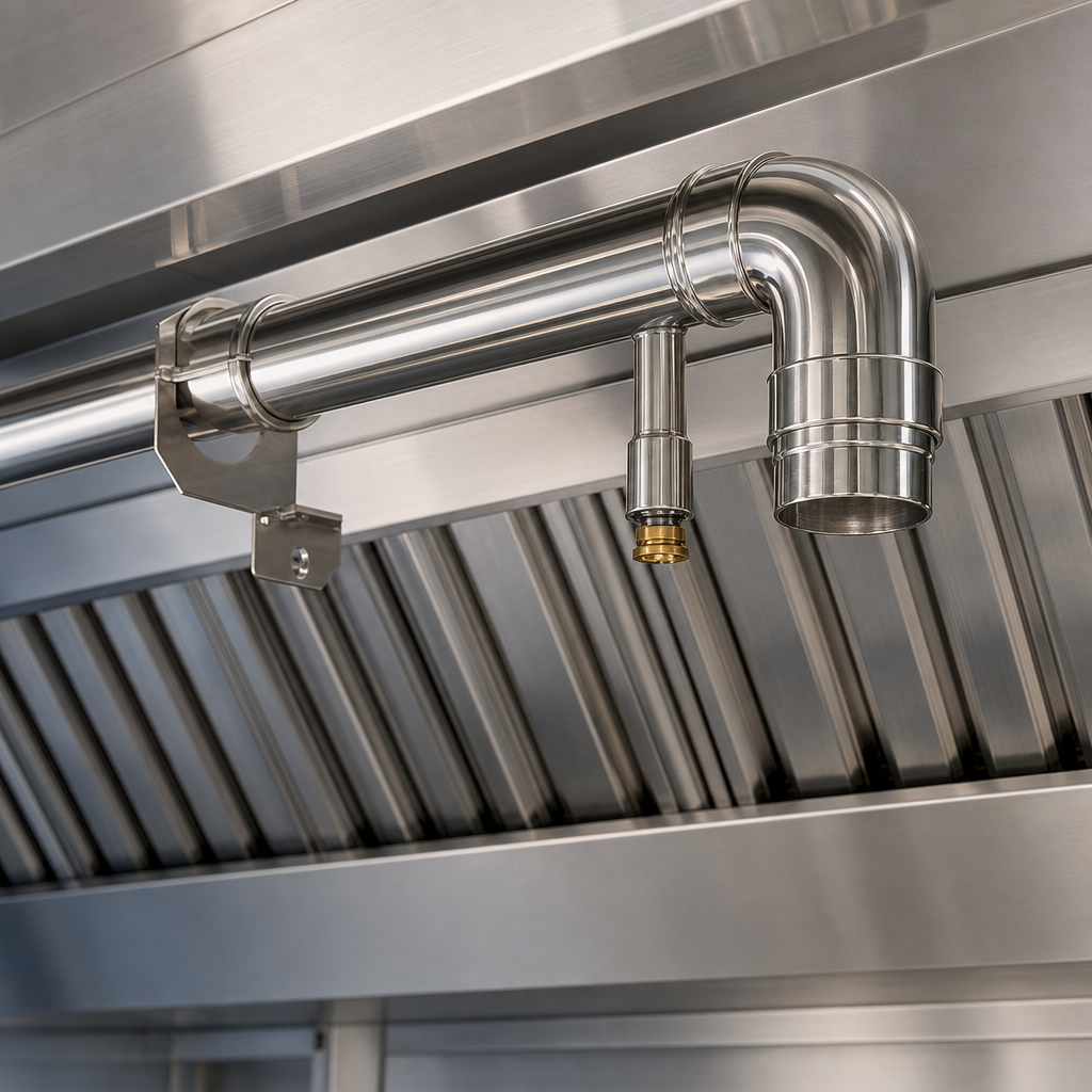 A chrome plated distribution pipe turning through an elbow inside a hood, with a nozzle on a short drop beside the bend and a hanger clamping the run to the hood wall.