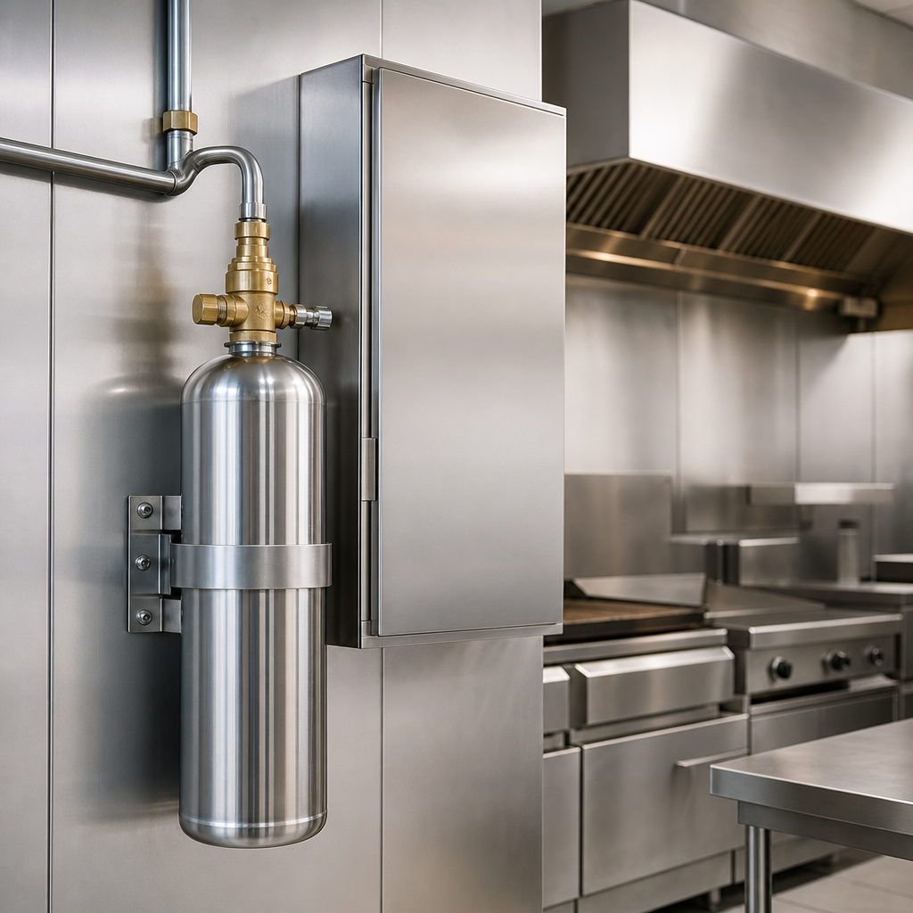 A stainless steel agent cylinder held in a wall bracket, with its brass valve and discharge pipe at the top.
